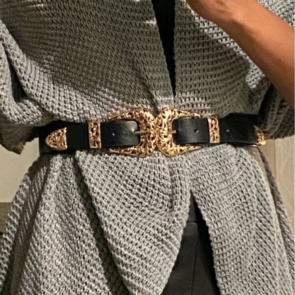 Western Black Double Buckle wide Waist Belt Faux leather Gold Boho Statement